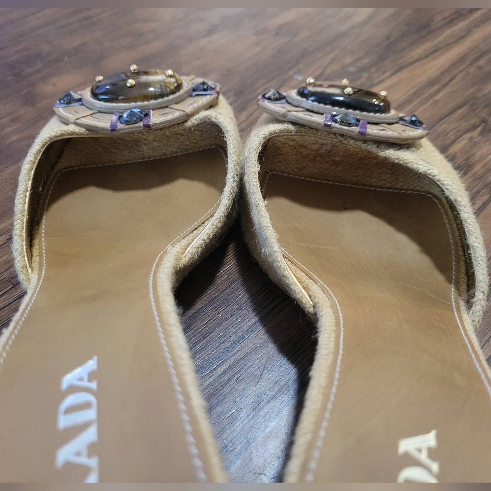Prada Tiger Eye Embellished Tweed Wedge Heels - Picture 7 of 7